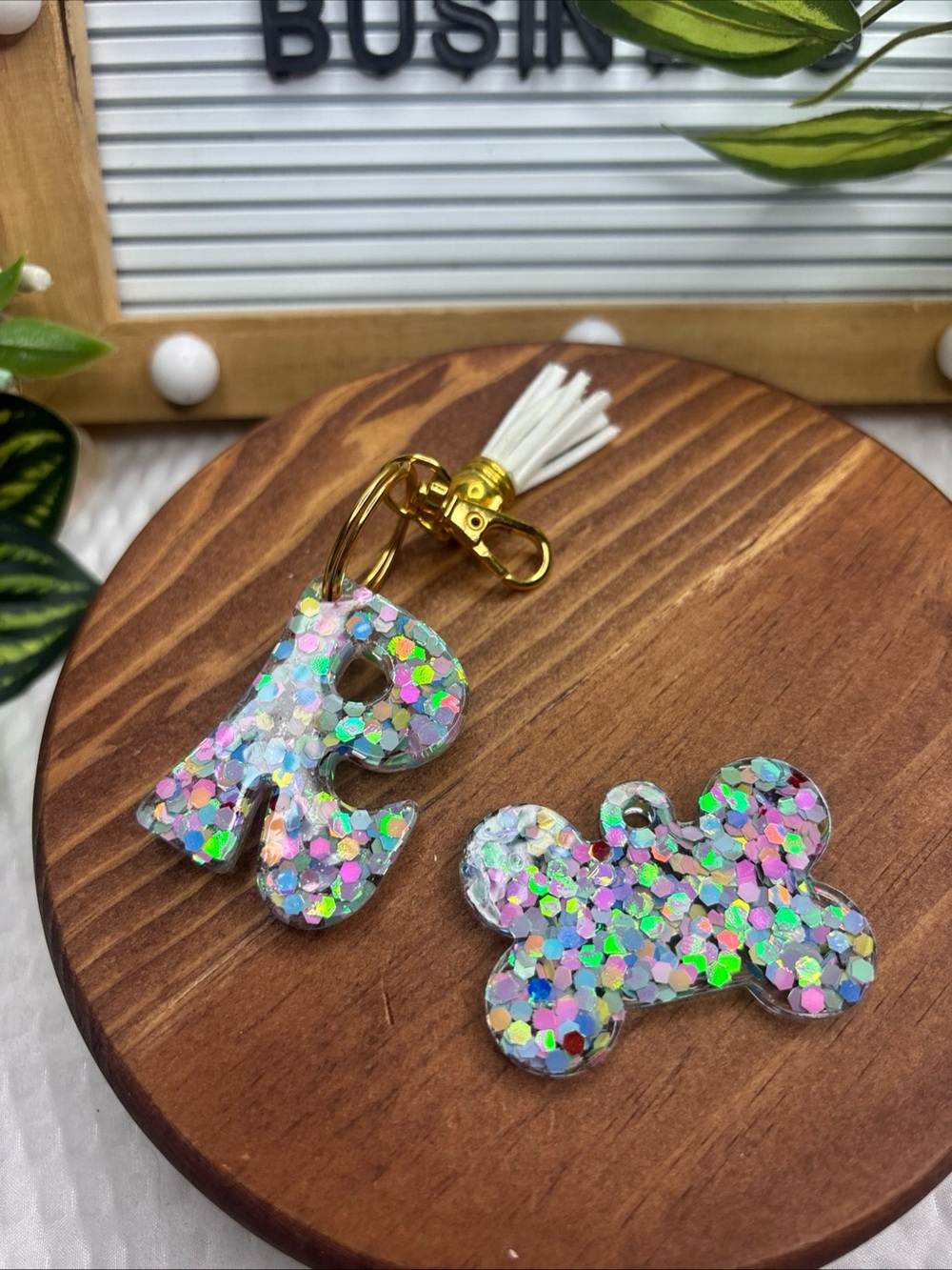 Glitter Initial Keychain & Bone Charm Set - Iridescent Confetti